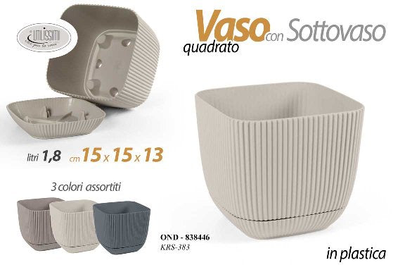 GICOS VASO QUADRATO CON SOTTOVASO IN PLASTICA CM.15X15X13 1,8L COLORI ASSORTITI