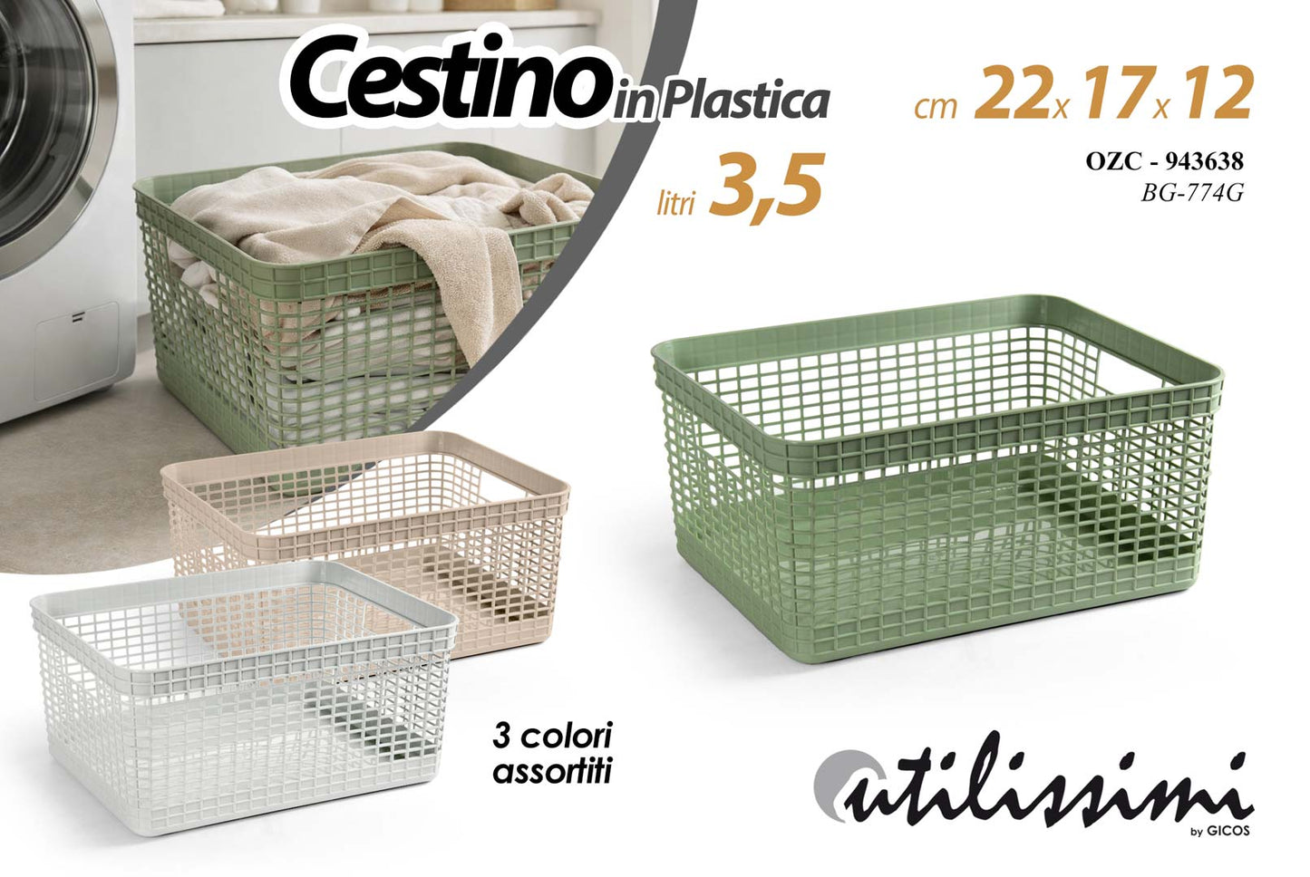 GICOS CESTINO IN PLASTICA 3,5L CM.22X17X12 COLORI ASSORTITI