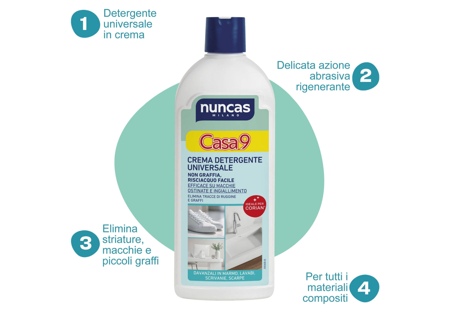 NUNCAS CASA9 CREMA DETERGENTE UNIVERSALE 500ML DAVANZALI IN MARMO,LAVABI,SCRIVANIE,SCARPE