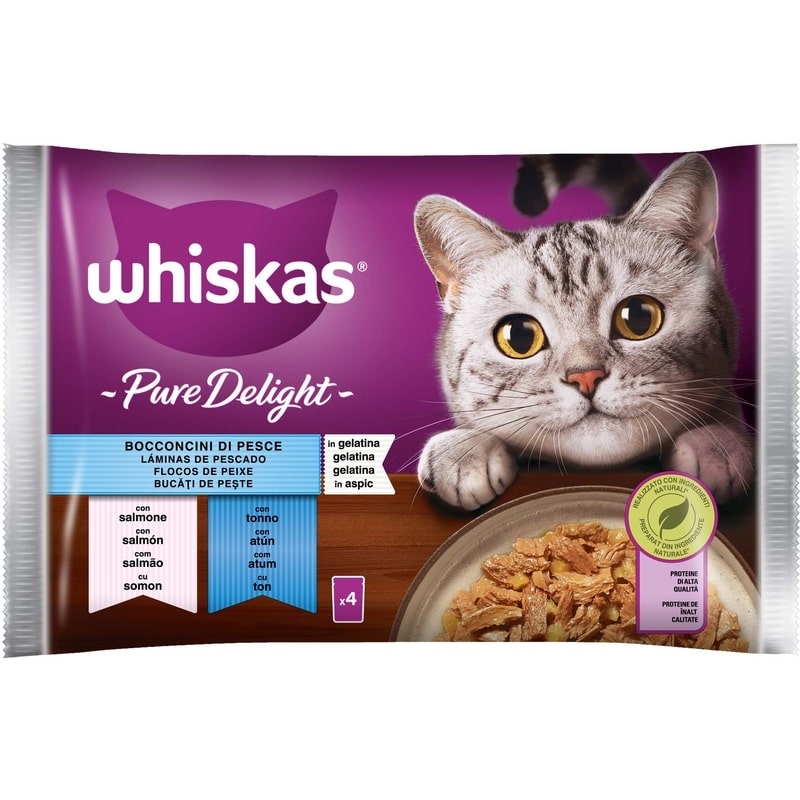 WHISKAS PURE DELIGHT 4X85G BOCCONCINI DI PESCE SALMONE-TONNO