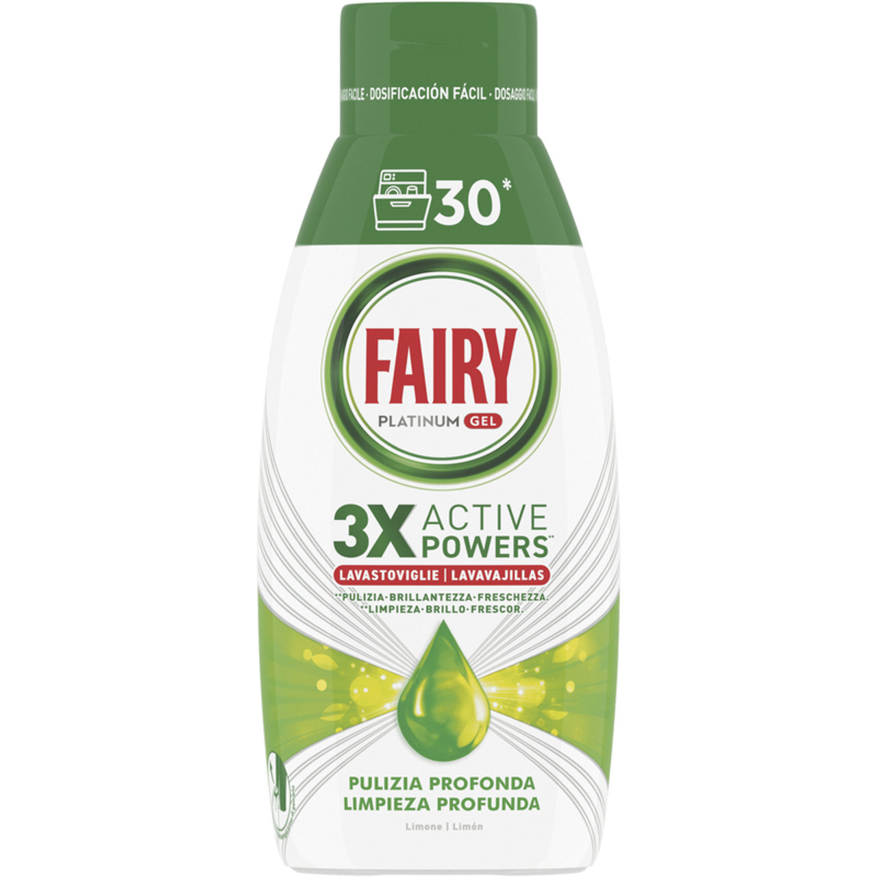 FAIRY PLATINUM GEL 600ML 30 LAVAGGI 3X ACTIVE POWERS PULIZIA PROFONDA LIMONE