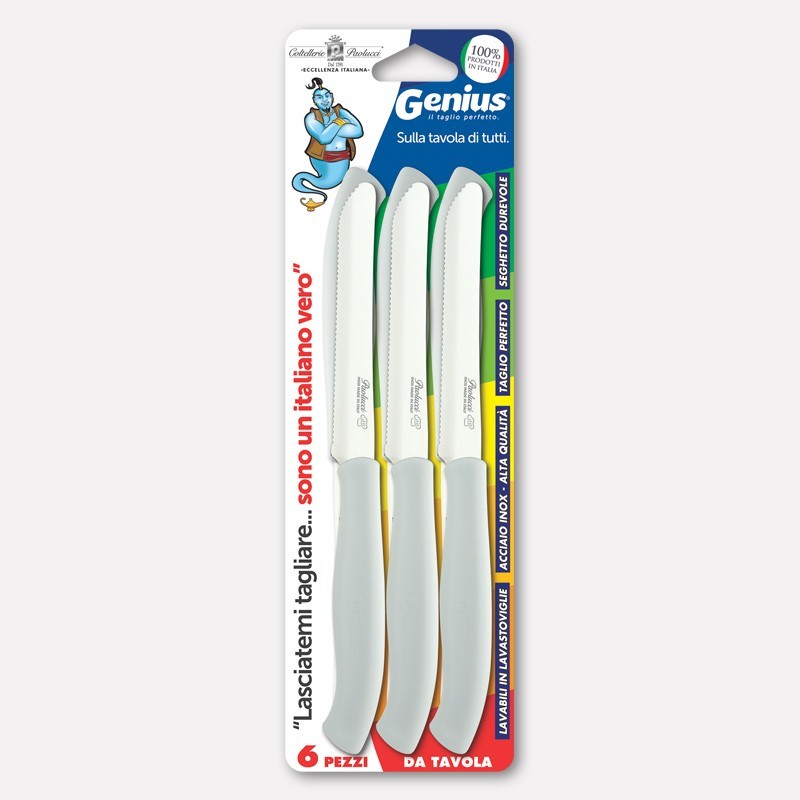 PAOLUCCI GENIUS 6 COLTELLI DA TAVOLA LAME SEGHETTATE MANICO BIANCO ART.4803R CM.11