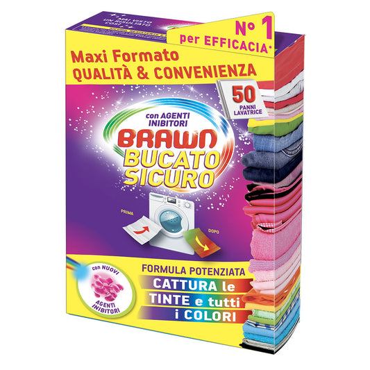 BRAWN BUCATO SICURO CATTURA TINTE E COLORI 50 PANNI LAVATRICE