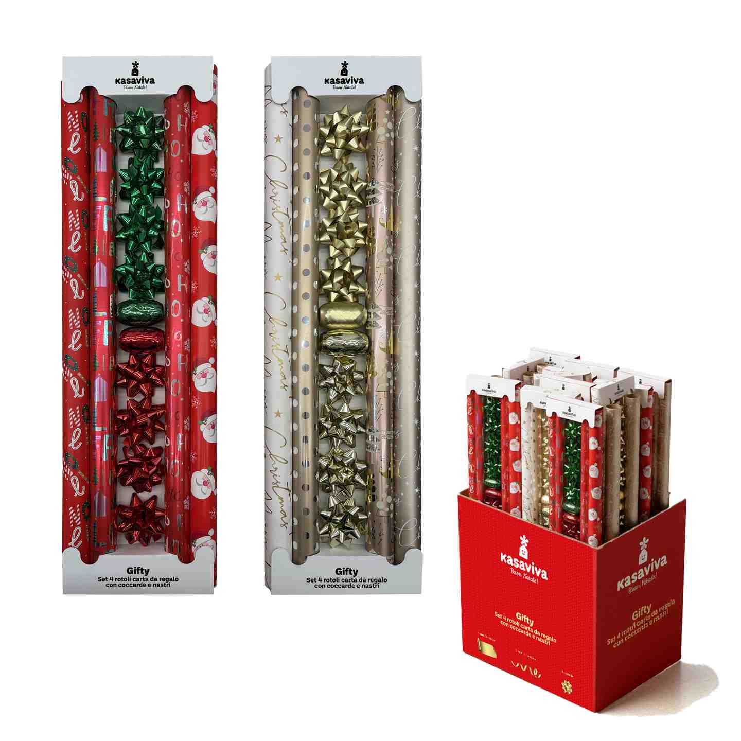 KASAVIVA NATALE GIFTY SET 4 ROTOLI CARTA REGALO CON COCCARDE E NASTRI