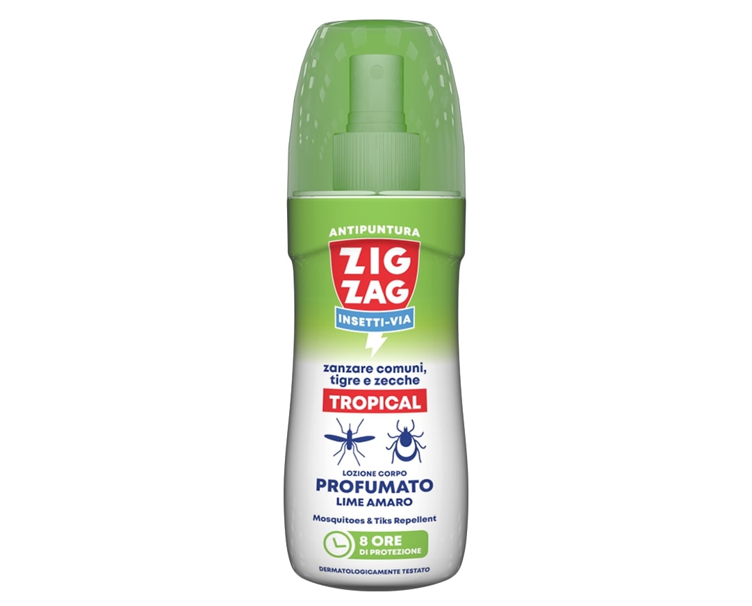 ZIG ZAG INSETTI-VIA ZANZARE COMUNI,TIGRE E ZECCHE TROPICAL LOZIONE CORPO PROFUMATO NO GAS 100ML LIME AMARO