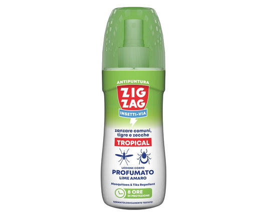 ZIG ZAG INSETTI-VIA ZANZARE COMUNI,TIGRE E ZECCHE TROPICAL LOZIONE CORPO PROFUMATO NO GAS 100ML LIME AMARO