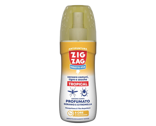 ZIG ZAG INSETTI-VIA ZANZARE COMUNI,TIGRE E ZECCHE TROPICAL LOZIONE CORPO PROFUMATO NO GAS 100ML GERANIO E CITRONELLA