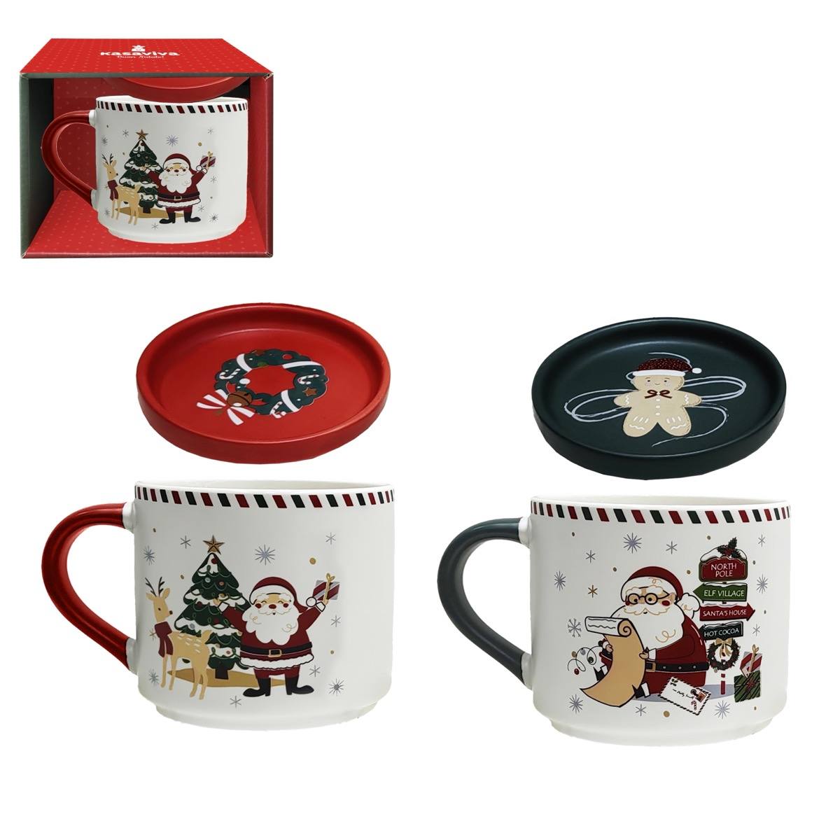 KASAVIVA NATALE SANTA CLAUS TAZZA MUG CON TAPPO/SOTTOBICCHIERE 405CC ASSORTITO