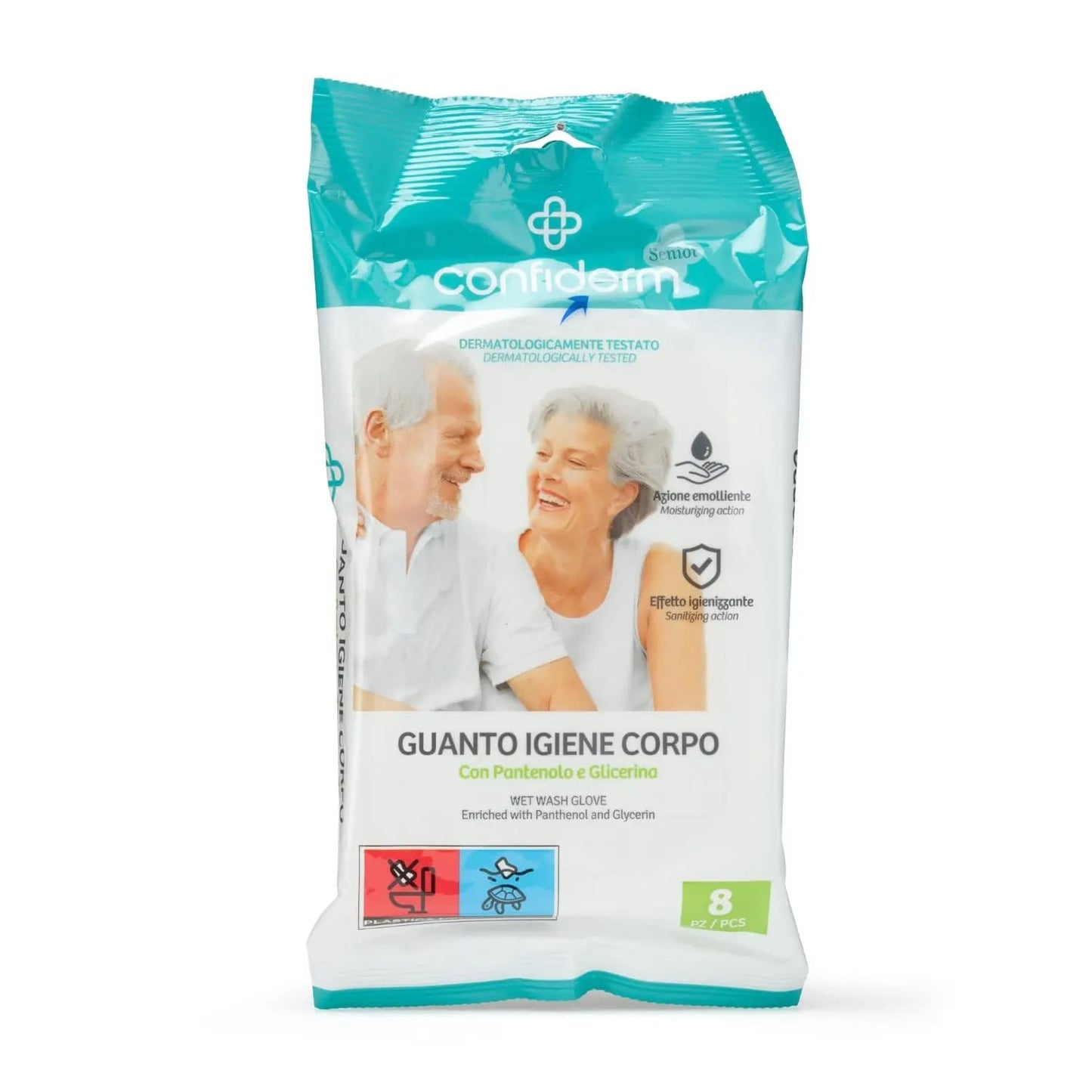 CONFIDERM SENIOR GUANTO IGIENE CORPO 8PZ CON PANTENOLO E GLICERINA