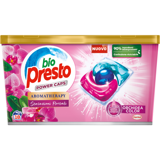 BIO PRESTO LAVATRICE 4+1 POWER CAPS 18 LAVAGGI AROMATHERAPY SENSAZIONI FLOREALI ORCHIDEA COLOR