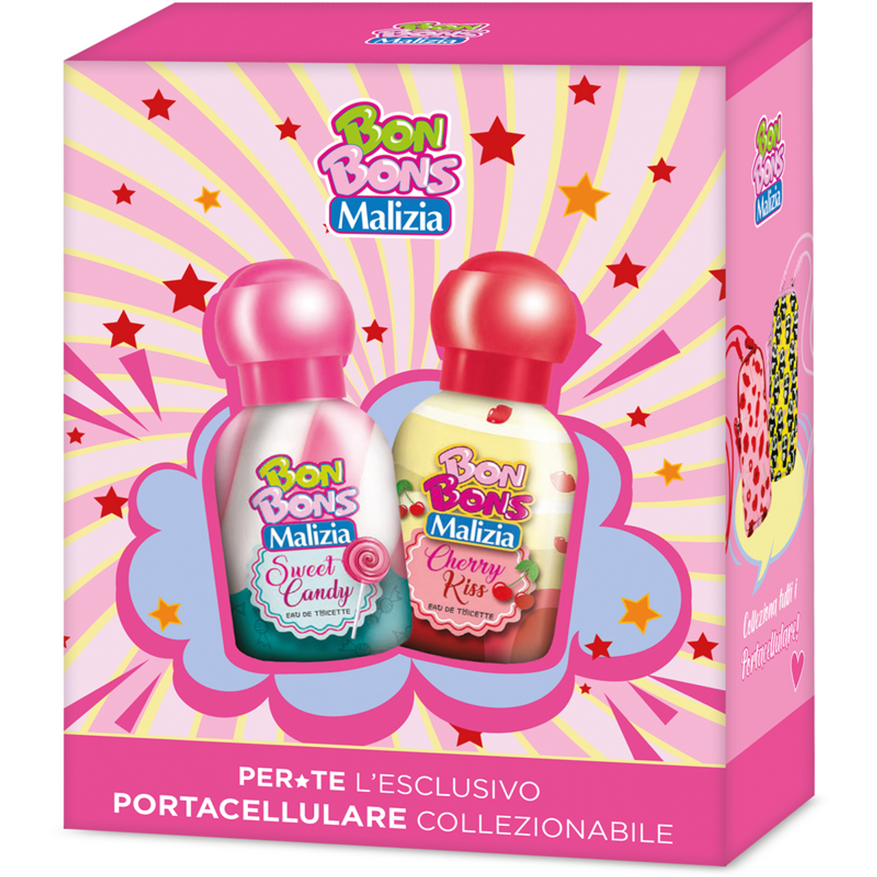 MALIZIA BON BONS COFANETTO SWEETNESS: 1 EDT SWEET CANDY 50ML - 1 EDT CHERRY KISS 50ML + PORTACELLULARE