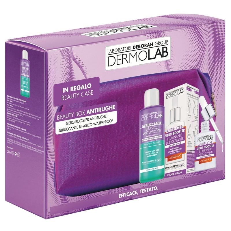 DERMOLAB BEAUTY BOX KIT CONTENENTE: BOOSTER ANTIRUGHE ILLUMINANTE E STRUCCANTE BIFASICO WATERPROOF 50ML E POCHETTE