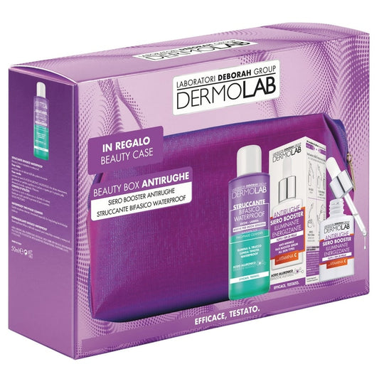 DERMOLAB BEAUTY BOX KIT CONTENENTE: BOOSTER ANTIRUGHE ILLUMINANTE E STRUCCANTE BIFASICO WATERPROOF 50ML E POCHETTE