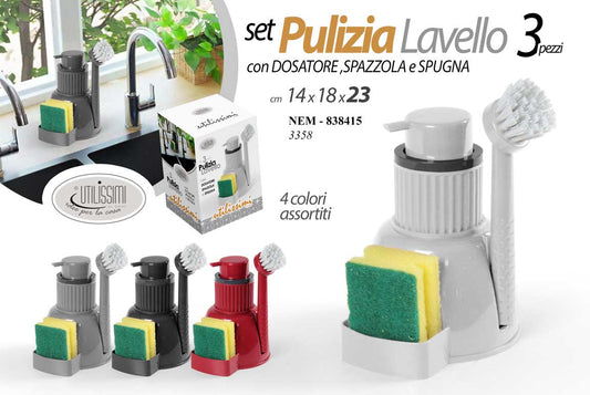 GICOS SET PULIZIA LAVELLO 3PZ DOSATORE,SPAZZOLA E SPUGNA CM.14X18X23