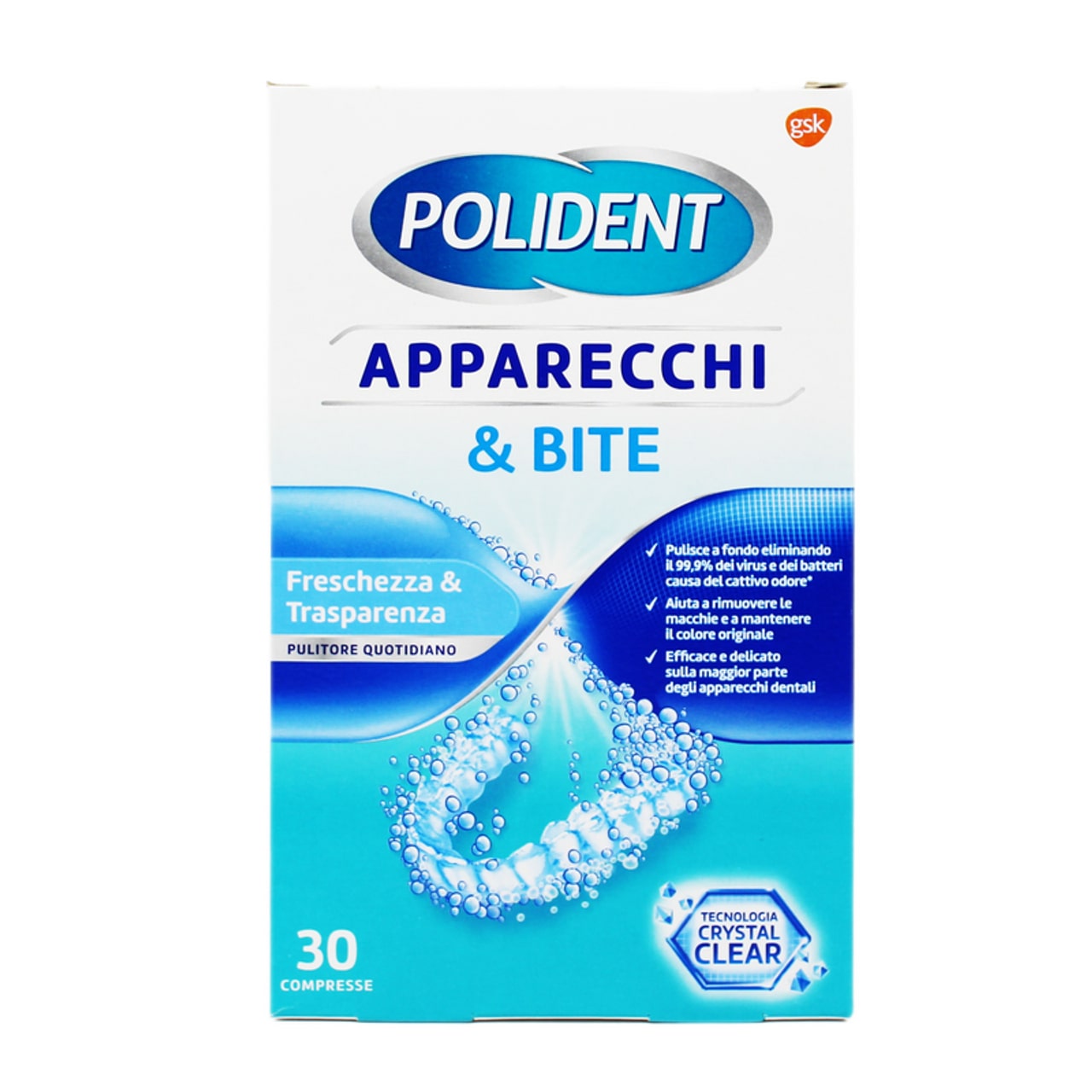 POLIDENT APPARECCHI & BITE PULITORE QUOTIDIANO FRESCHEZZA & TRASPARENZA 30 COMPRESSE