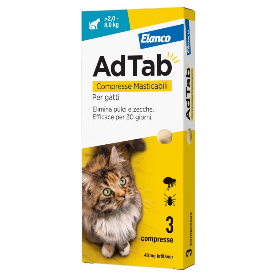 ELANCO ADTAB 3 COMPRESSE MASTICABILI PER GATTI 48MG >2,0-8,0KG ELIMINA PULCI E ZECCHE