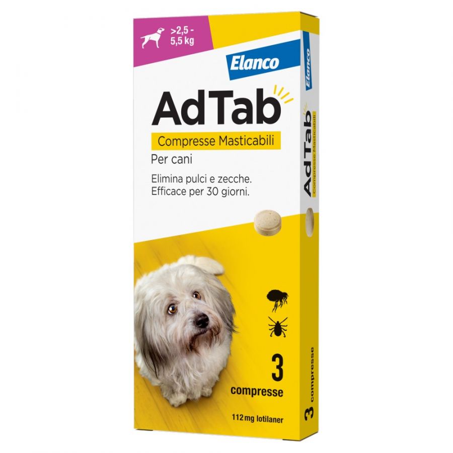 ELANCO ADTAB 3 COMPRESSE MASTICABILI PER CANI 112MG >2,5-5,5KG ELIMINA PULCI E ZECCHE