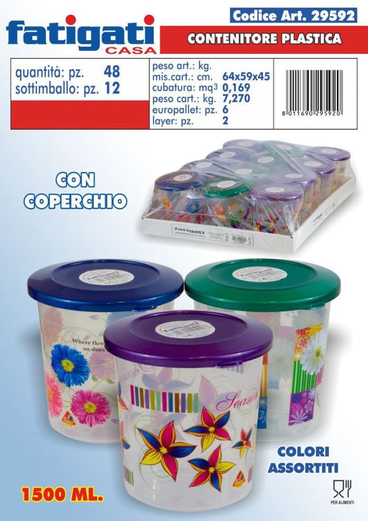 FATIGATI CONTENITORE PLASTICA DECORATO CON COPERCHIO 1,5L COLORI ASSORTITI