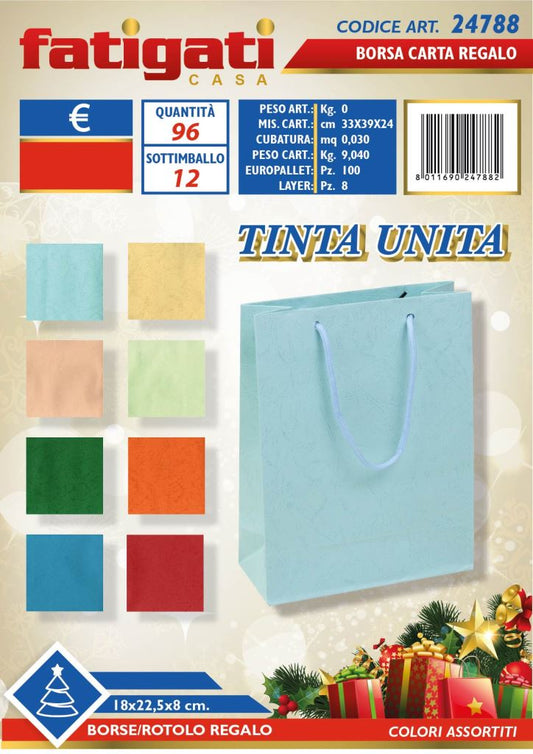 FATIGATI BORSA CARTA REGALO TINTA UNITA CM.18X22,5X8 COLORI ASSORTITI