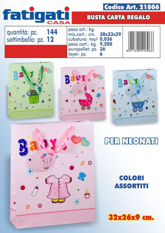 FATIGATI BUSTA CARTA REGALO PER NEONATI CM.32X26X9 COLORI ASSORTITI