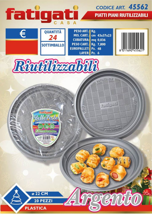 FATIGATI BELLE FESTE PIATTI PIANI LAVABILI& RIUTILIZZABILI 20PZ ARGENTO