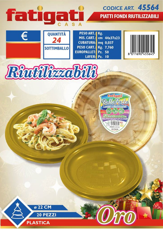 FATIGATI BELLE FESTE PIATTI FONDI LAVABILI& RIUTILIZZABILI 20PZ ORO