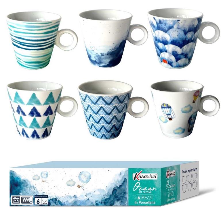 KASAVIVA SET 6 TAZZINE CAFFE' OCEAN CON PIATTINO ASSORTITE