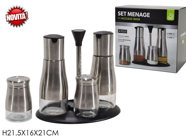 GENERAL TRADE SET MENAGE IN ACCIAIO 4PZ CROMATO CON STAND 2X300ML + 2X130ML