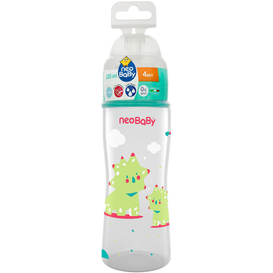 NEOBABY BIBERON PLASTICA COLLO LARGO 330ML 4M+ DINO VERDE