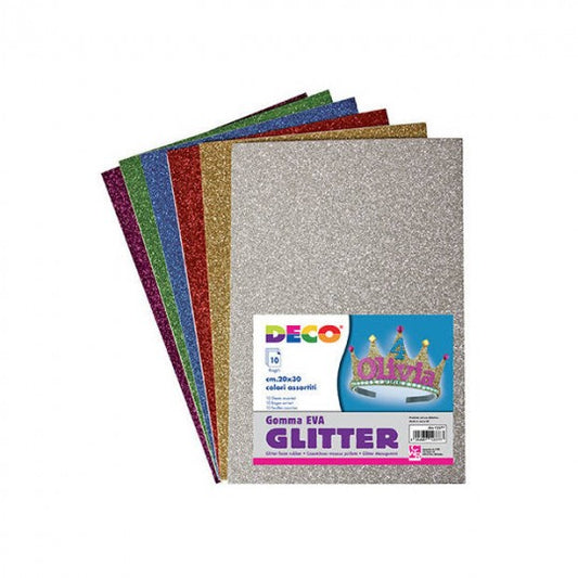 DECO GOMMA EVA GLITTER 10 FOGLI CM.20X30 COLORI ASSORTITI