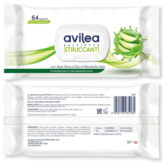 AVILEA SALVIETTE STRUCCANTI 64PZ ALOE VERA E OLIO DI MANDORLE DOLCI