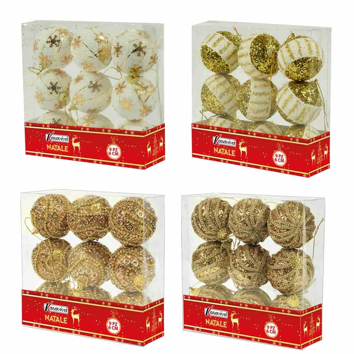 KASAVIVA NATALE BOX 9 SFERE LUX ORO DECORATE CM.6 ASSORTITE