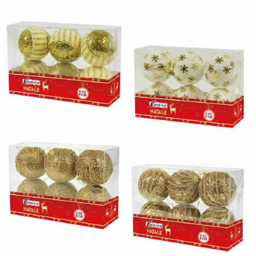 KASAVIVA NATALE BOX 6 SFERE LUX ORO DECORATE CM.8 ASSORTITE