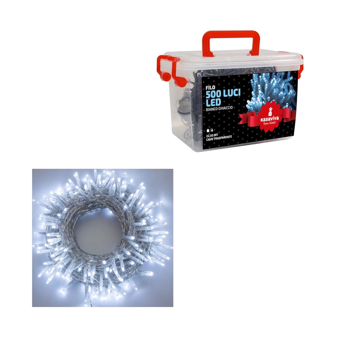 KASAVIVA NATALE FILO 500 LUCI LED BIANCO GHIACCIO 22,50MT CAVO TRASPARENTE