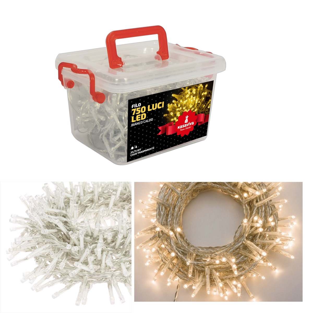 KASAVIVA NATALE FILO 750 LUCI LED BIANCO CALDO 33,75MT CAVO TRASPARENTE