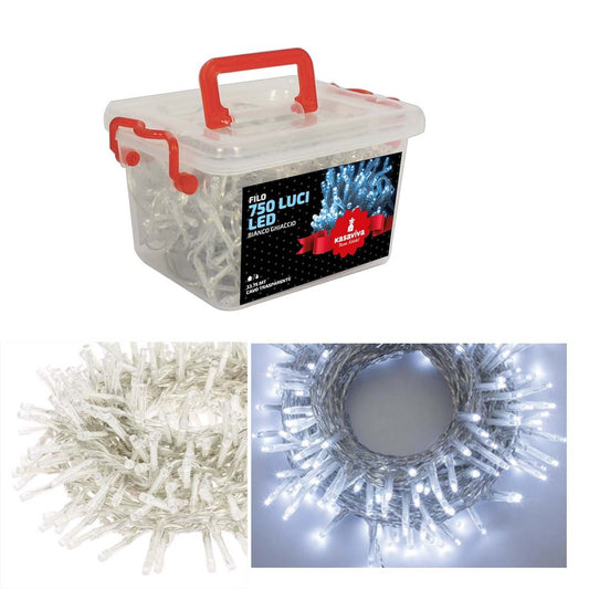 KASAVIVA NATALE FILO 750 LUCI LED BIANCO GHIACCIO 33,75MT CAVO TRASPARENTE