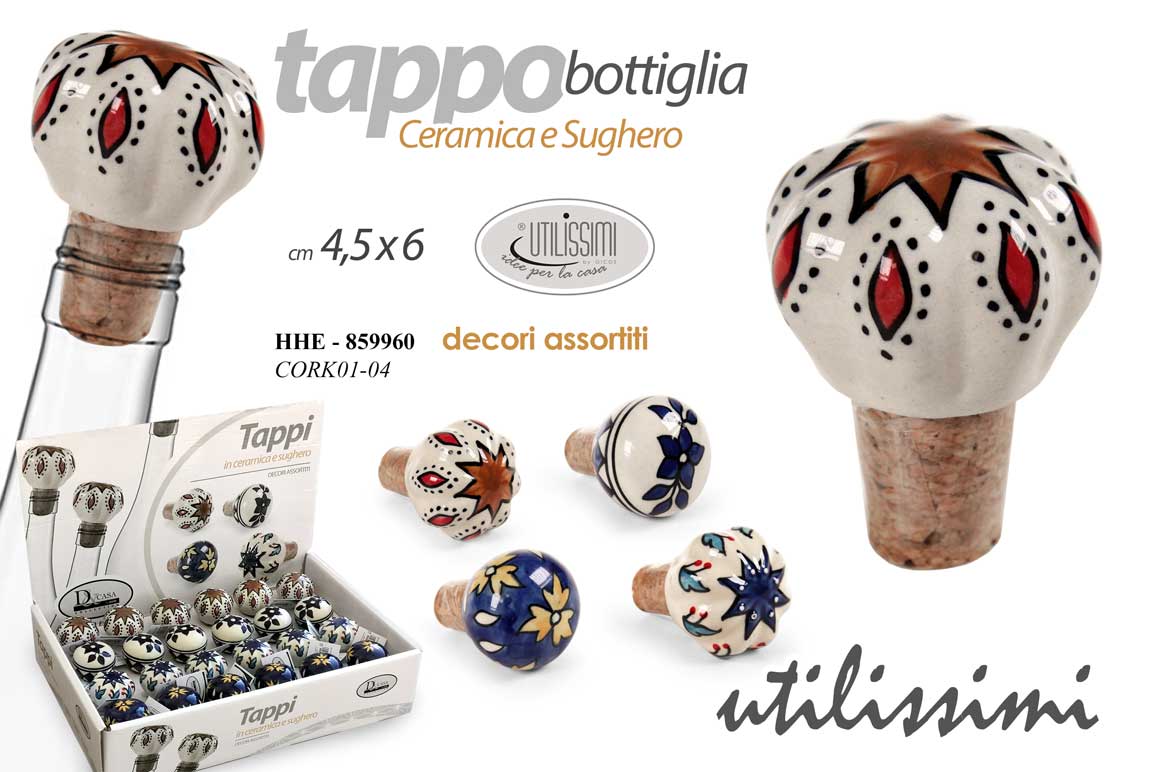 GICOS TAPPO BOTTIGLIA CERAMICA E SUGHERO CM.4,5X6 DECORI ASSORTITI