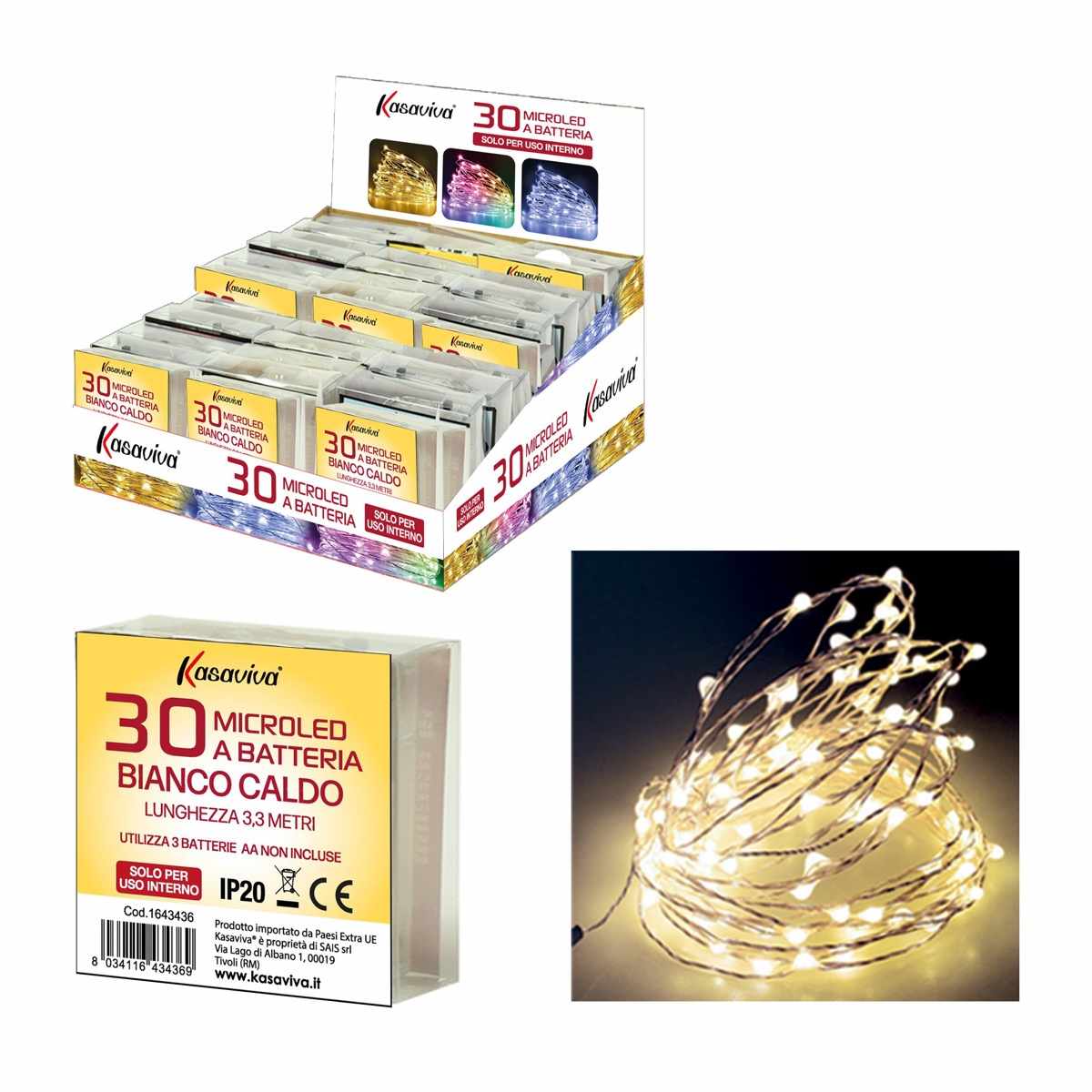 KASAVIVA NATALE FILO 30 MICROLED A BATTERIA BIANCO CALDO LUNGHEZZA 3,3MT