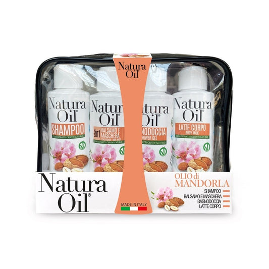 NATURA OIL TRAVEL KIT OLIO DI MANDORLA: SHAMPOO 100ML+BALSAMO 100ML+BAGNODOCCIA 100ML+LATTE CORPO+BEAUTY