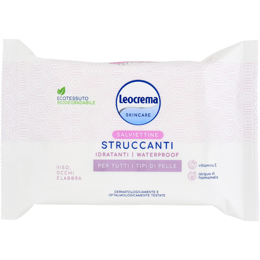 LEOCREMA SKINCARE SALVIETTINE STRUCCANTI IDRATANTI WATERPROOF 20PZ VITAMINA E AQUA DI HAMAMELIS