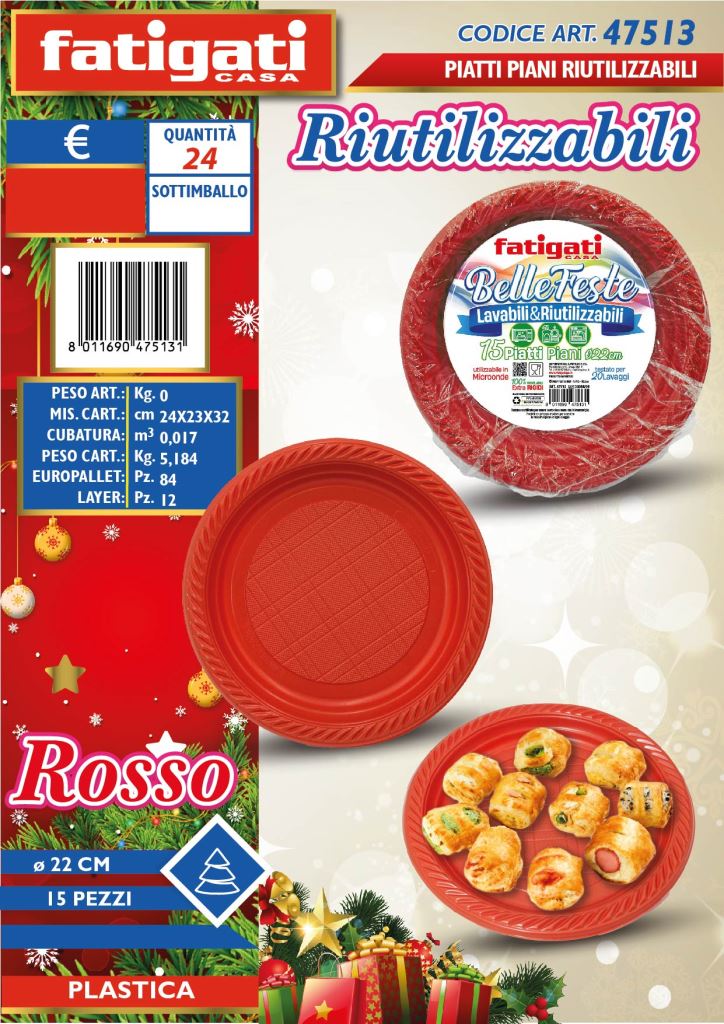 FATIGATI BELLE FESTE PIATTI PIANI LAVABILI& RIUTILIZZABILI CM.22 15PZ ROSSO