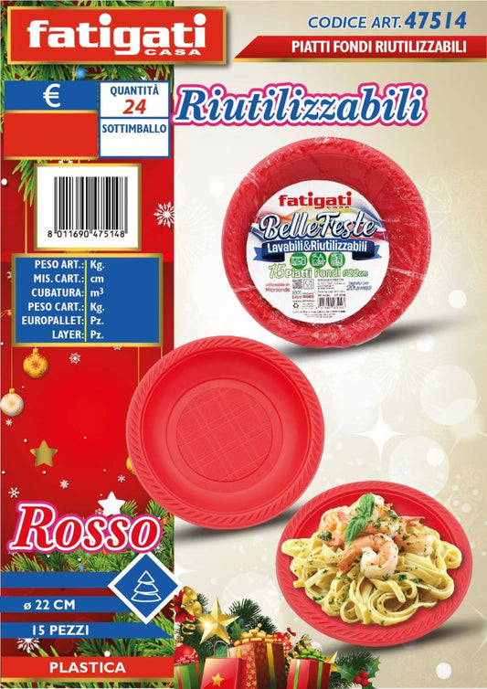 FATIGATI BELLE FESTE PIATTI FONDI LAVABILI& RIUTILIZZABILI CM.22 15PZ ROSSO