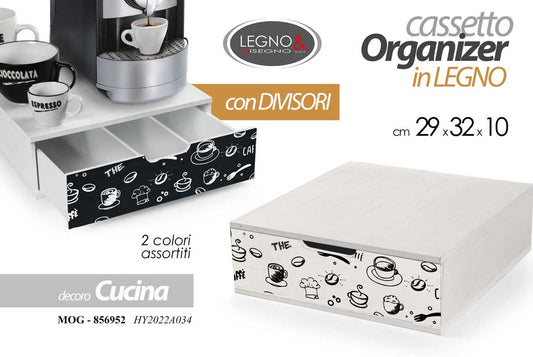 GICOS CASSETTO ORGANIZER IN LEGNO CON DIVISORI CM.29X32X10 DECORO CUCINA 2 COLORI ASSORTITI