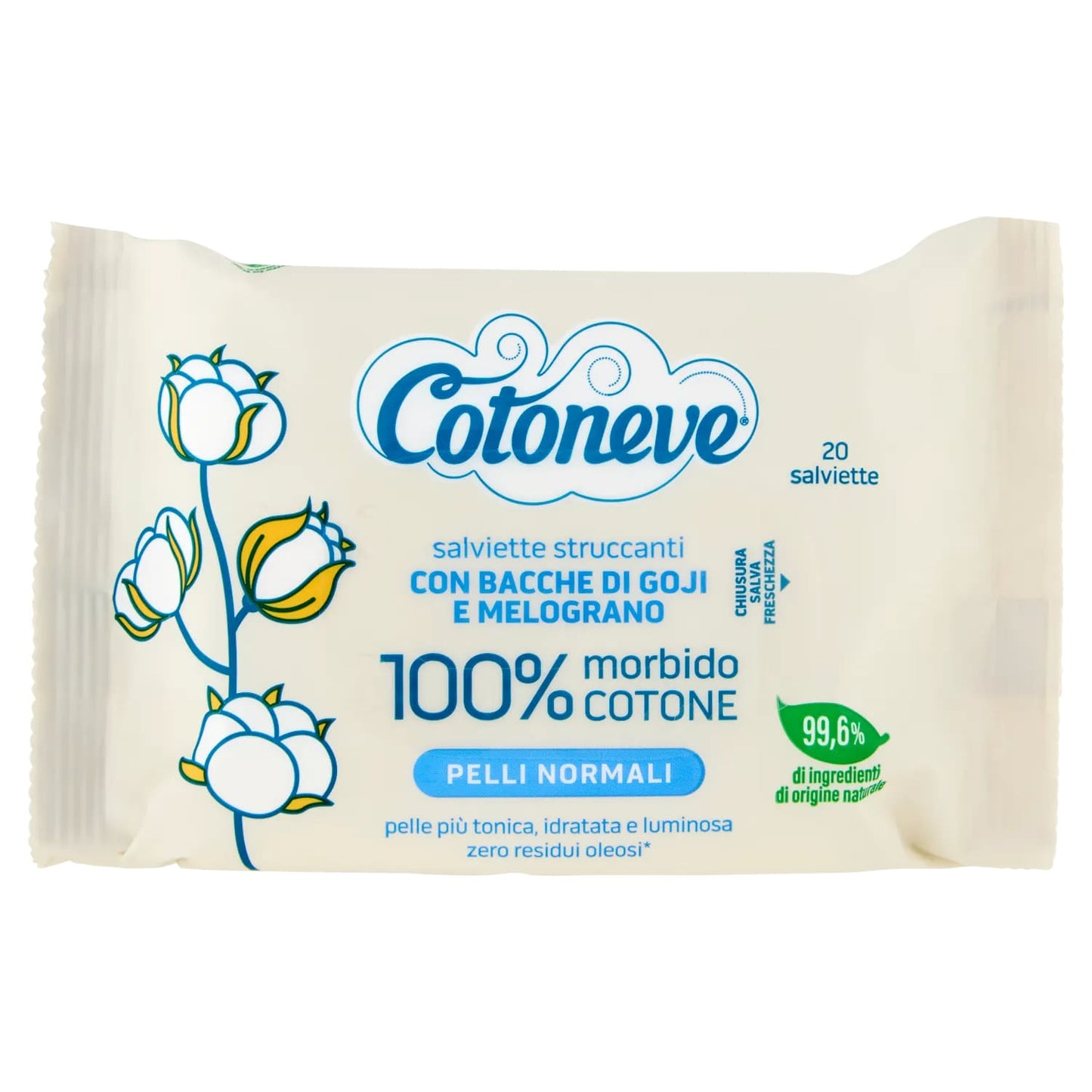 COTONEVE SALVIETTE STRUCCANTI 20PZ PELLI NORMALI BACCHE DI GOJI E MELOGRANO 100% MORBIDO COTONE
