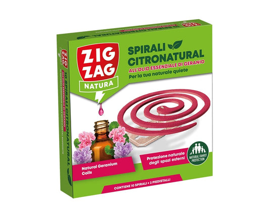 ZIG ZAG NATURA SPIRALI CITRONATURAL 10 SPIRALI + 2 PIEDISTALLI OLIO ESSENZIALE DI GERANIO