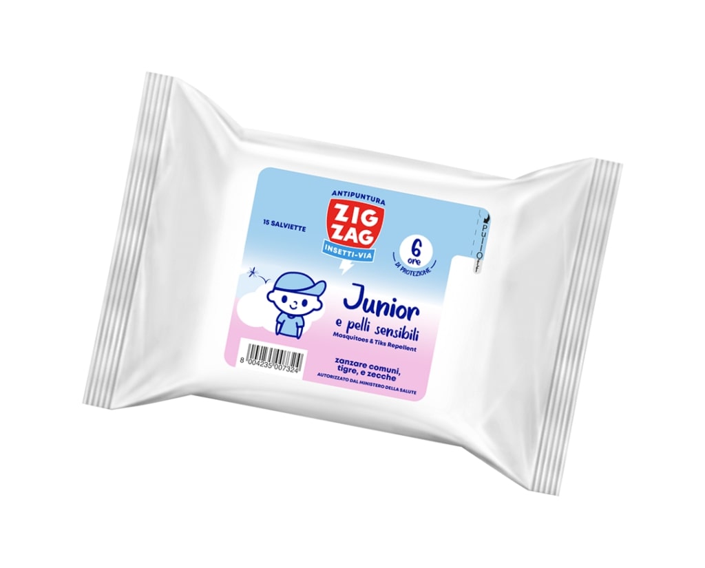ZIG ZAG INSETTI-VIA BABY E PELLI SENSIBILI ANTIPUNTURA ZANZARE COMUNI,TIGRI TROPICALI E ZECCHE SALVIETTE 15PZ 0+