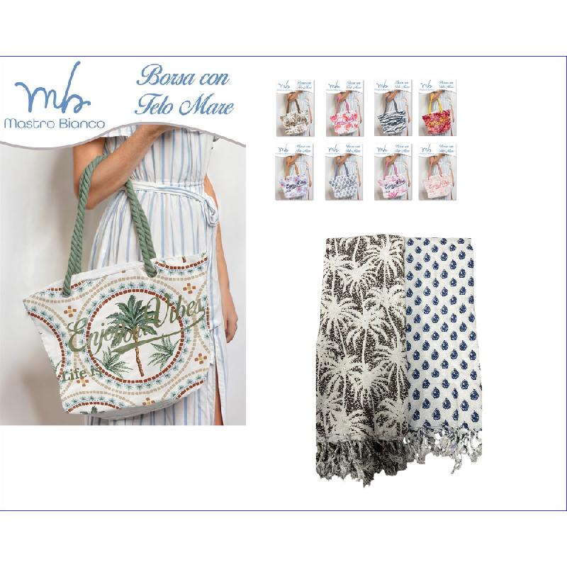 MASTROBIANCO BORSA CON TELO MARE CM.90X170 FOUTA CON FRANGE 8 FANTASIE ASSORTITE