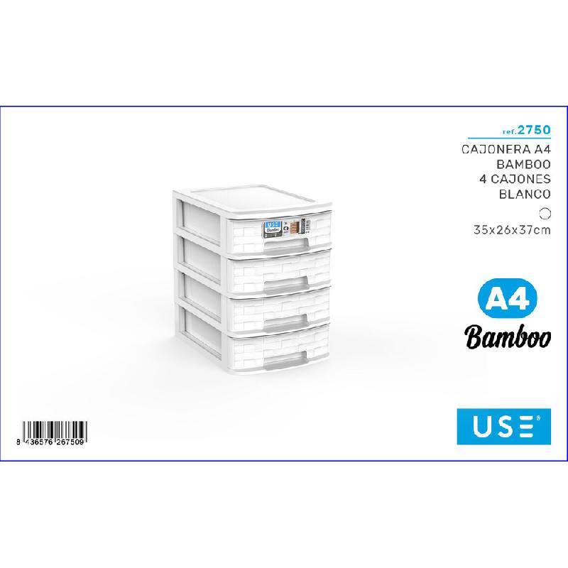 USE BAMBOO CASSETTIERA A4 BIANCO 4 CASSETTI CM.35X26X37