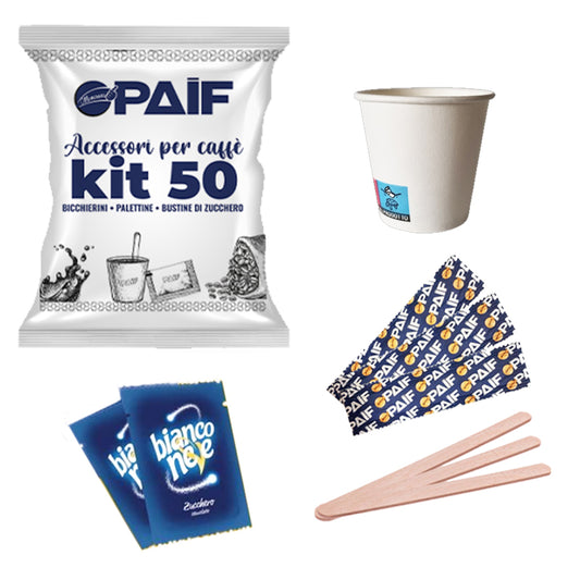 PAIF KIT ACCESSORI PER CAFFE' 3X50PZ BICCHIERE 75ML CARTA- PALETTINE CAFFE' - BUSTINE DI ZUCCHERO