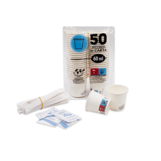 ZETA KIT ACCESSORI PER CAFFE' 3X50PZ BICCHIERE 75ML CARTA- PALETTINE CAFFE' - BUSTINE DI ZUCCHERO